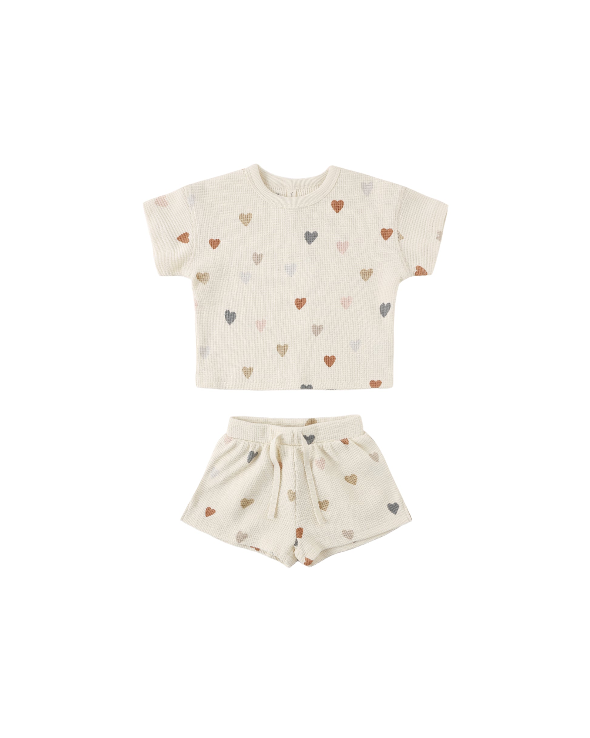 Natural cotton waffle tee and shorts set with confetti heart pattern from Quincy Mae, featuring a cozy, casual style.