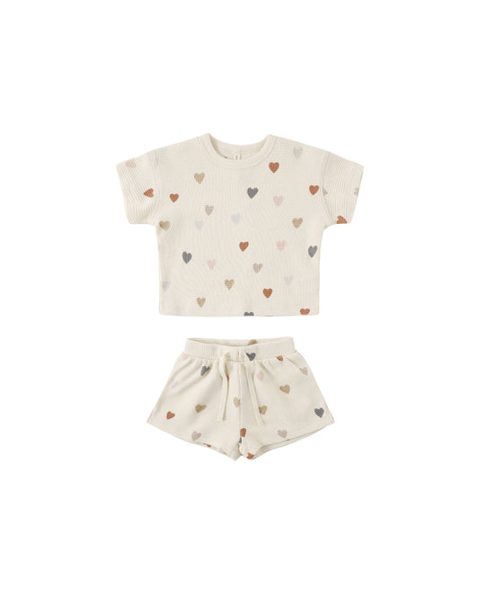 Natural cotton waffle tee and shorts set with confetti heart pattern from Quincy Mae, featuring a cozy, casual style.
