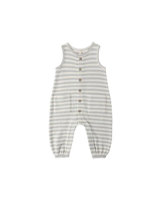 Quincy Mae Sky Stripe Waffle Jumpsuit with long sleeves and button details, made from soft, textured fabric for comfortable wear.