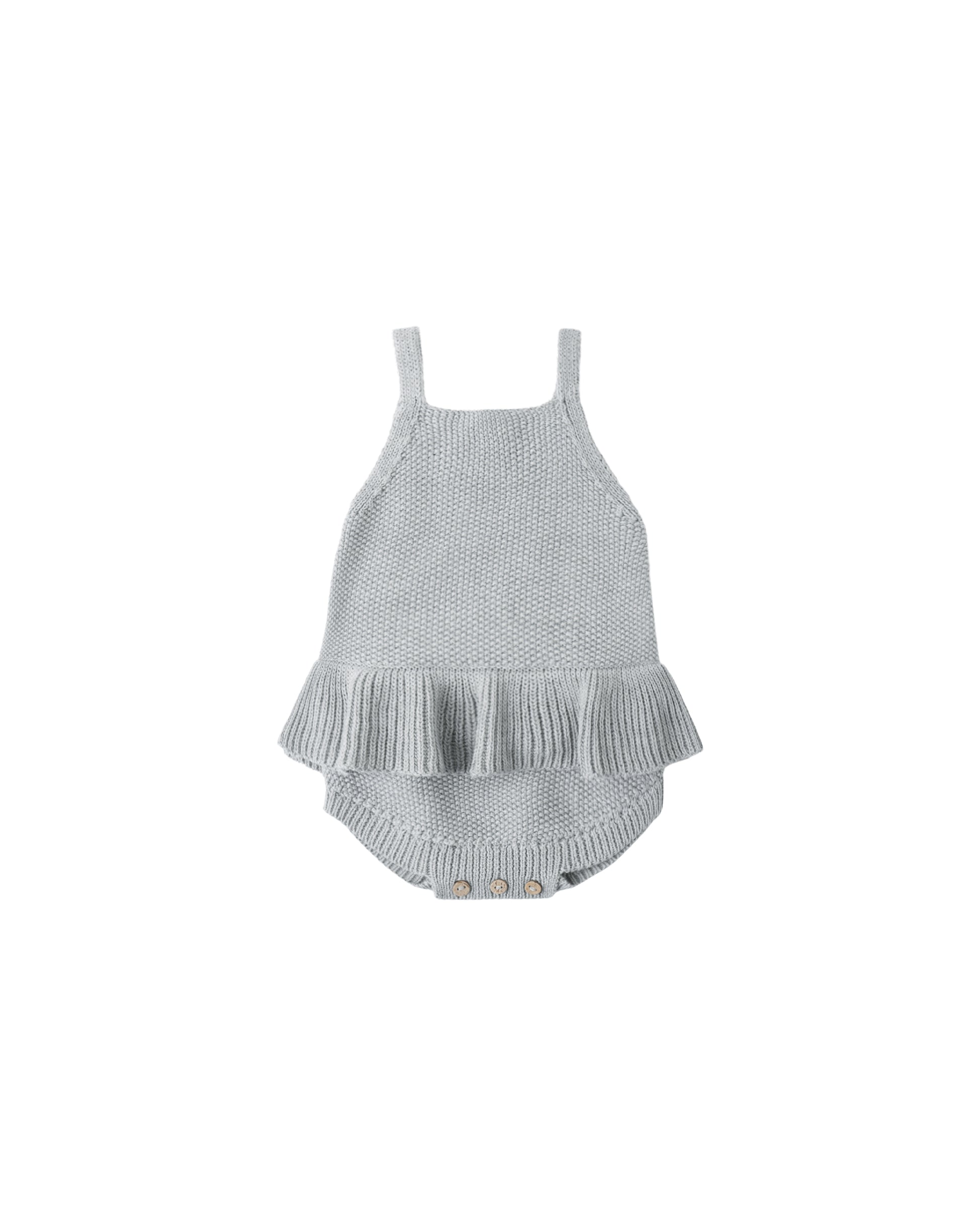 Heathered sky blue knit ruffle romper for toddlers by Quincy Mae, featuring soft fabric and playful ruffle details.
