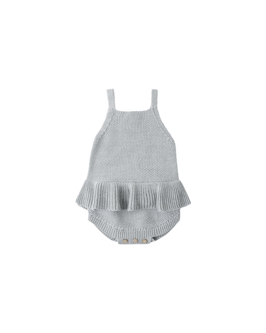 Heathered sky blue knit ruffle romper for toddlers by Quincy Mae, featuring soft fabric and playful ruffle details.
