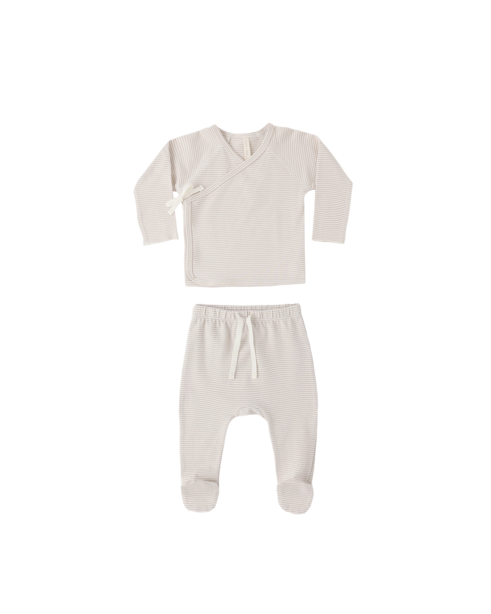 Quincy Mae oat micro stripe wrap top and footed pant set for babies, featuring soft, comfortable fabric and stylish design.
