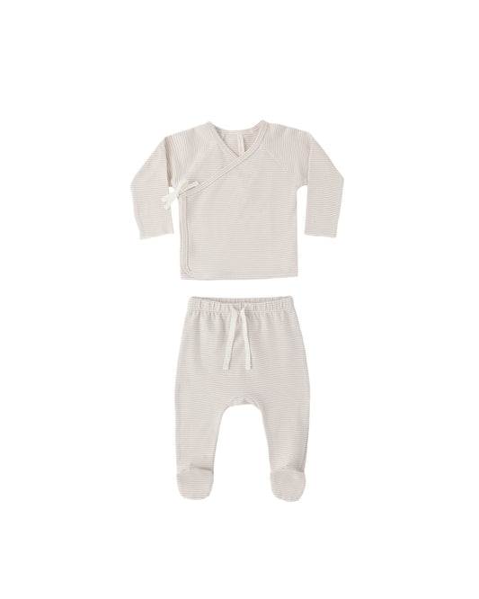 Oat micro stripe wrap top and footed pant set for infants by Quincy Mae, soft and cozy toddler clothing outfit.