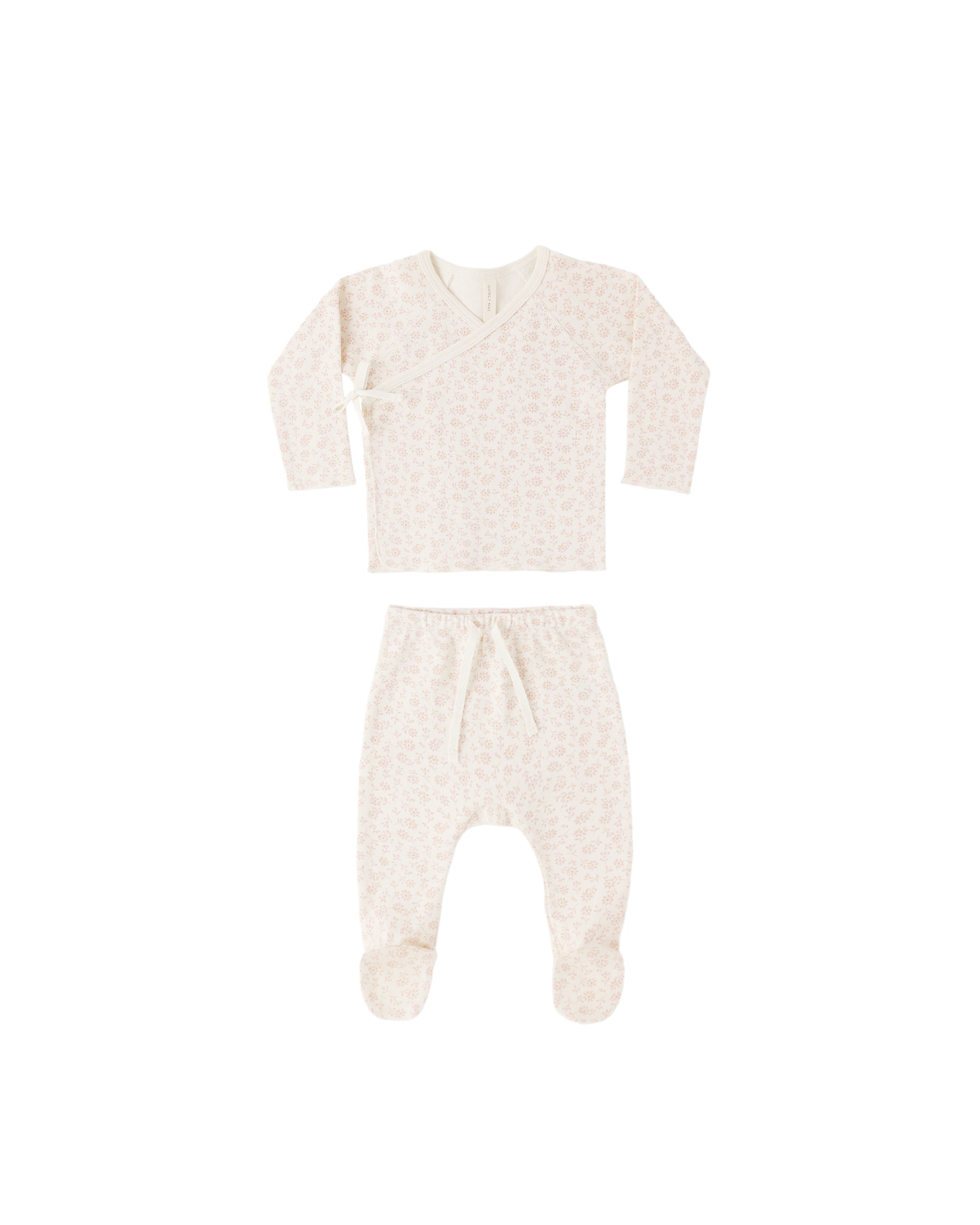 Quincy Mae Ditsy Wrap Top and Footed Pant Set in ivory, soft cotton baby clothing with floral print and comfortable fit