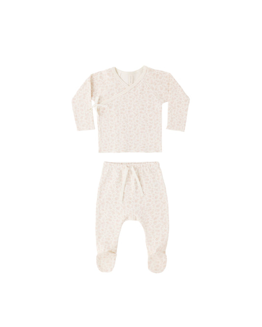 Quincy Mae Ditsy Wrap Top and Footed Pant Set in ivory, soft cotton baby clothing with floral print and comfortable fit