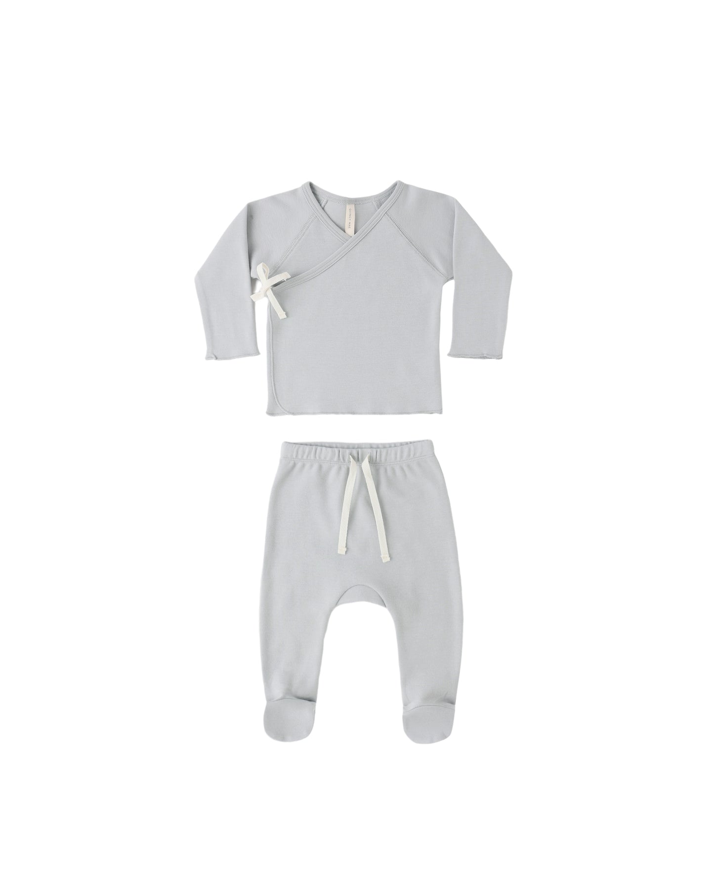 Quincy Mae Sky Wrap Top and Footed Pant set in soft fabric, featuring a wrap design and cozy footed pants for babies.