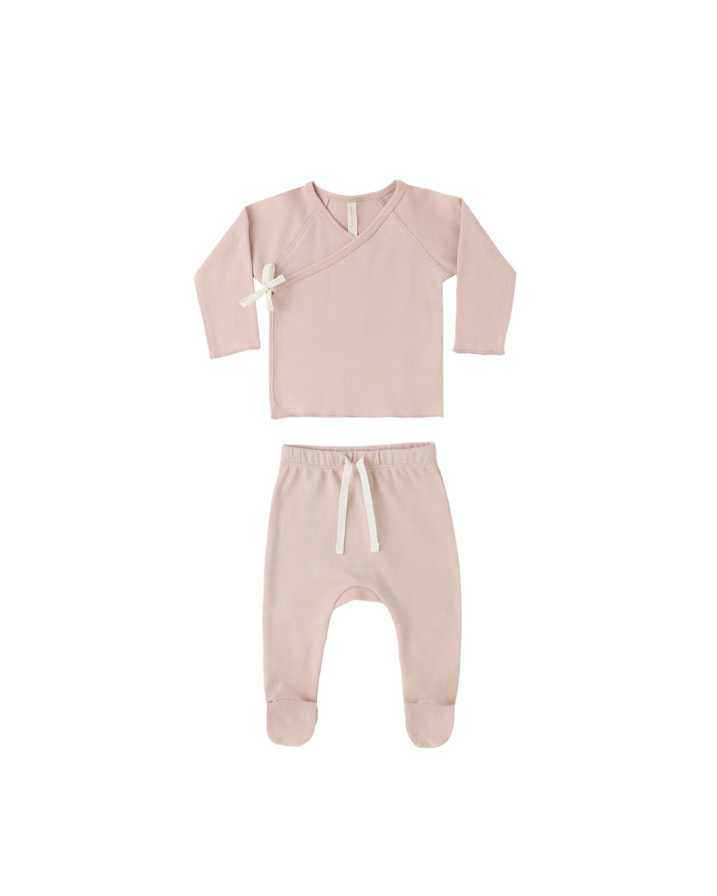 Quincy Mae blush wrap top and footed pant set for infants, soft and cozy clothing with a stylish design.
