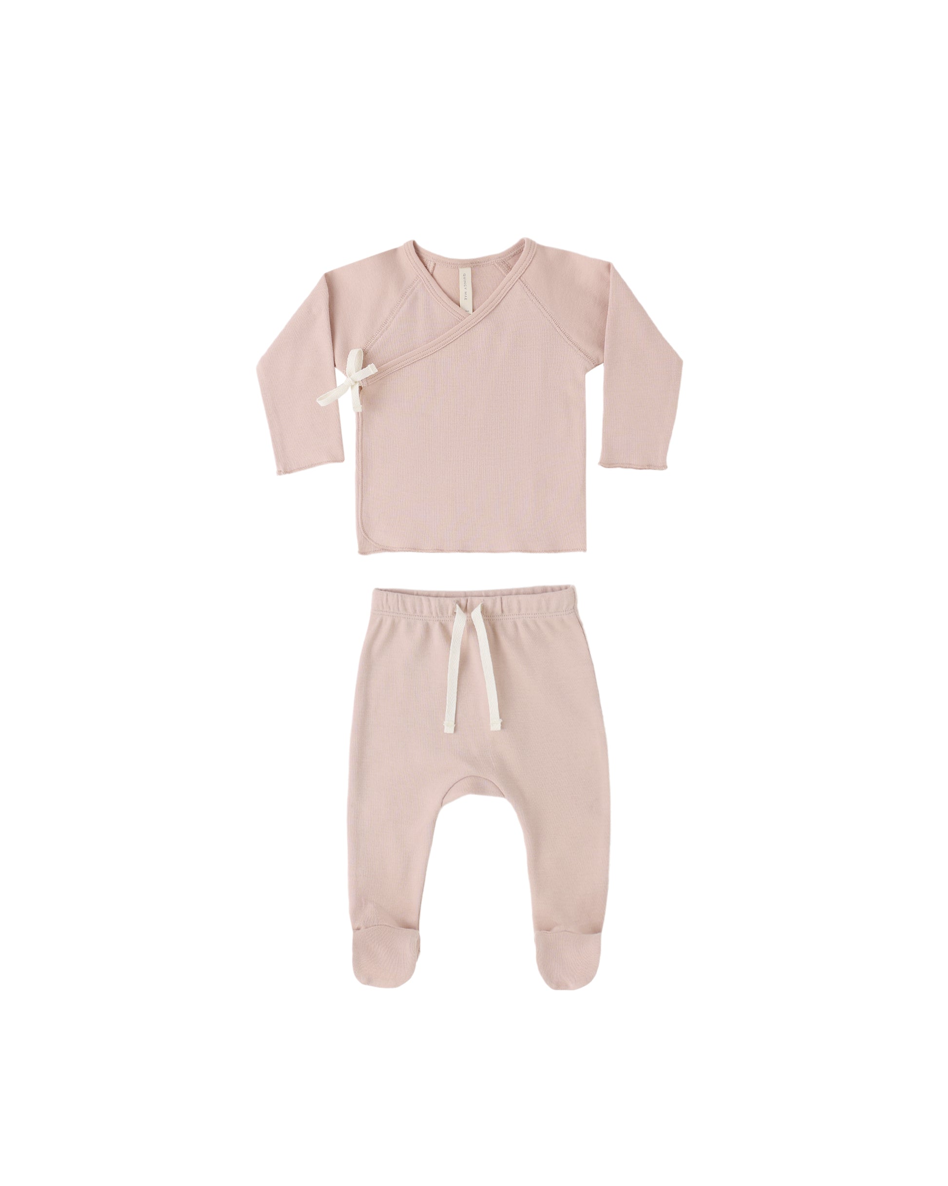 Quincy Mae blush wrap top and footed pant set for infants, soft and cozy clothing with a stylish design.