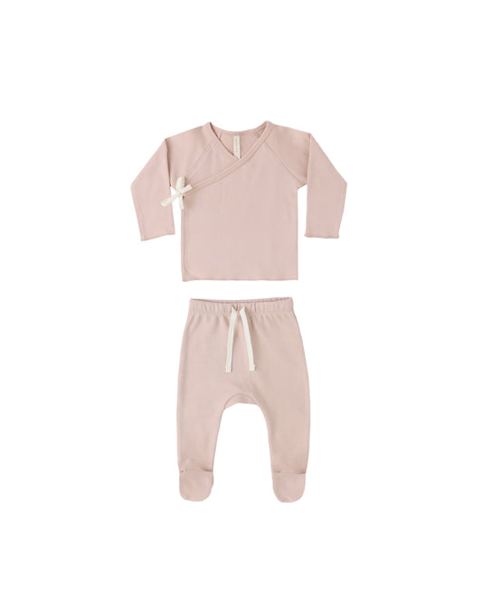 Quincy Mae blush wrap top and footed pant set for babies, soft and cozy, with a stylish wrap design and footed features.