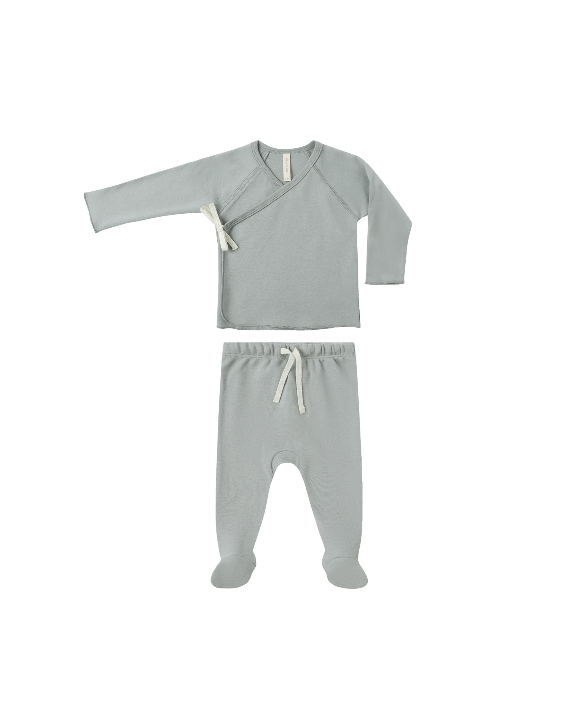 Steel blue wrap top and footed pant set by Quincy Mae, featuring soft fabric and comfortable fit, perfect for casual wear.