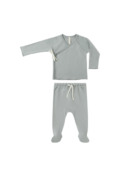 Steel blue wrap top and footed pant set by Quincy Mae, featuring soft fabric and comfortable fit, perfect for casual wear.