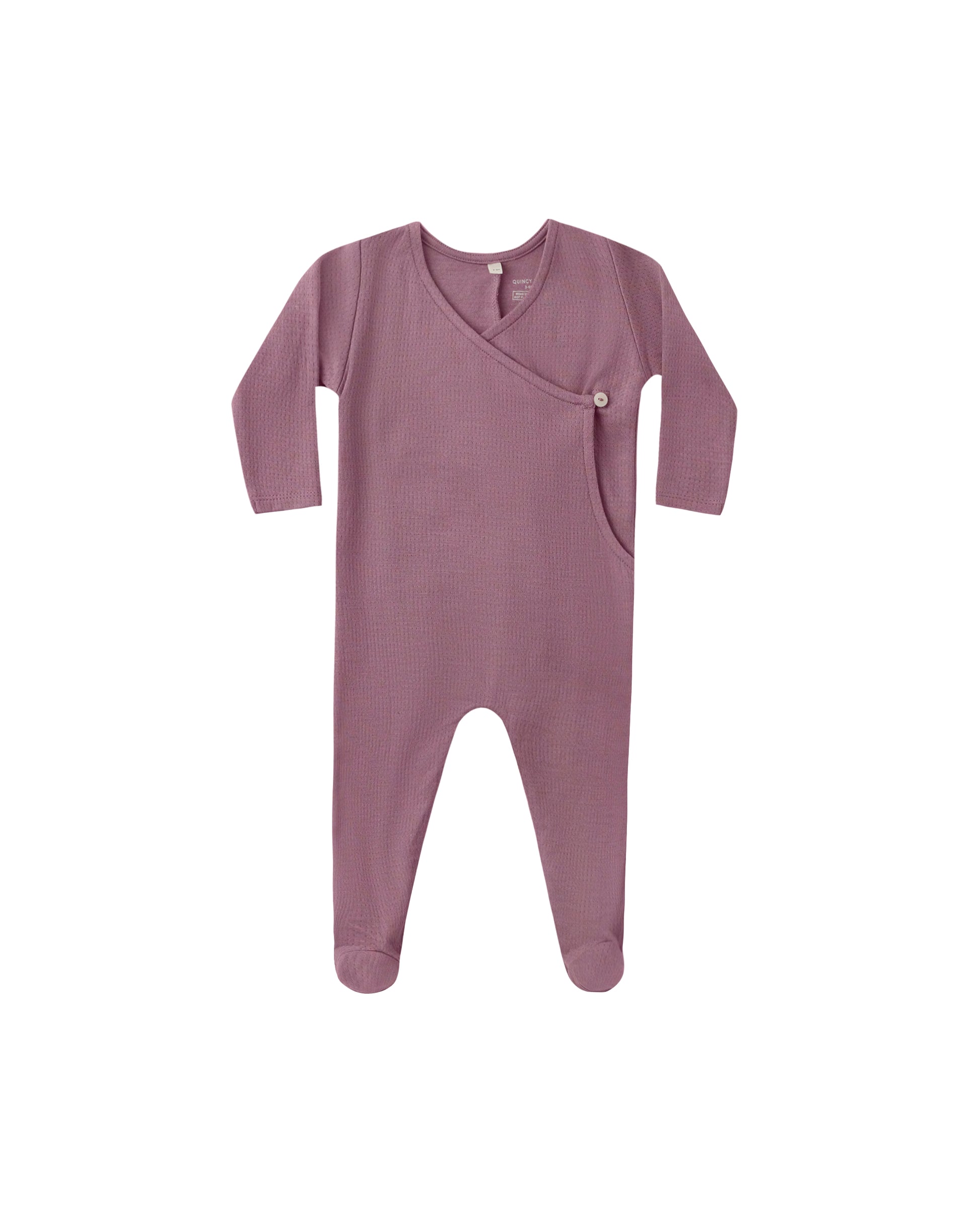 Quincy Mae Mulberry Pointelle Wrap Footie sleepwear made of soft, breathable fabric with a cozy wrap design and delicate pointelle details.