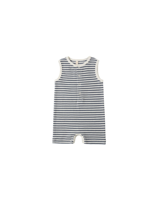 Quincy Mae Ocean Stripe Ribbed Henley Romper for infants, featuring a blue and white striped design and snap buttons.
