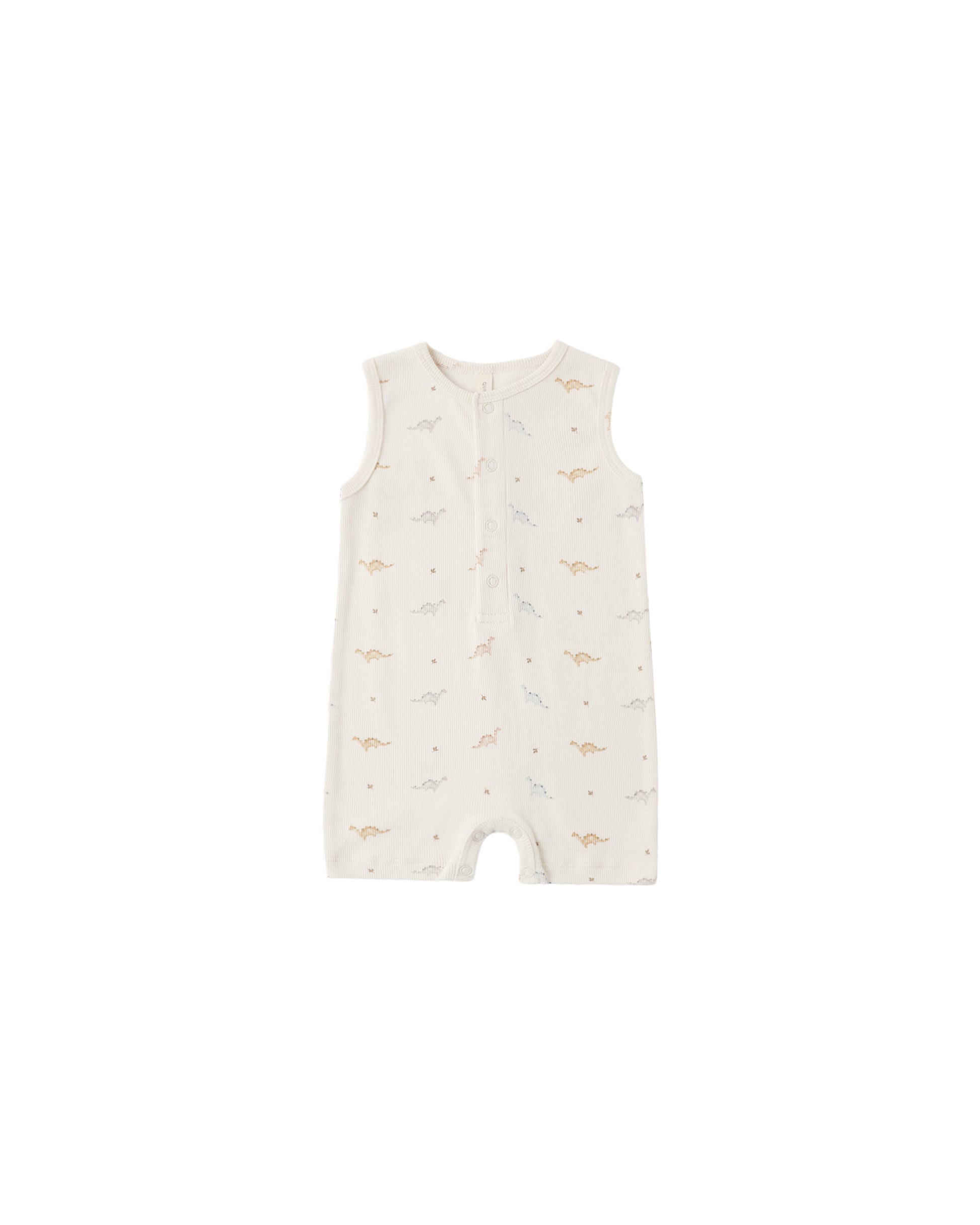 Natural-colored Dinos Ribbed Henley Romper for babies by Quincy Mae, featuring ribbed fabric and button details.