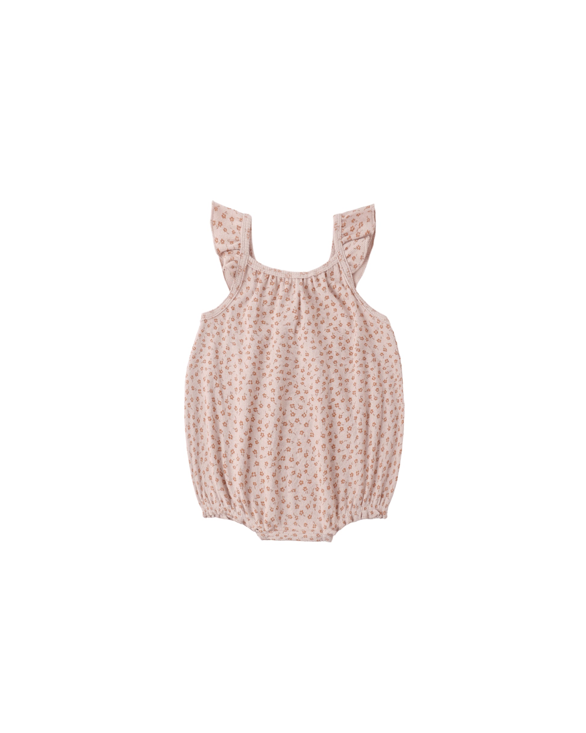 Blush Posy Ribbed Ruffle Romper by Quincy Mae, featuring soft ribbed fabric and delicate ruffle details for infants.