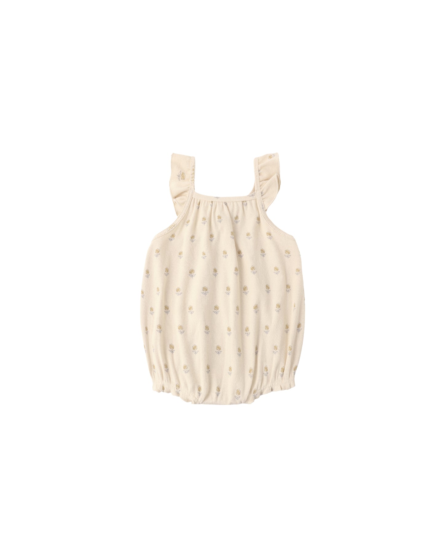 Ecru Buttercup Ribbed Ruffle Romper for babies by Quincy Mae, featuring ribbed fabric and ruffle details.