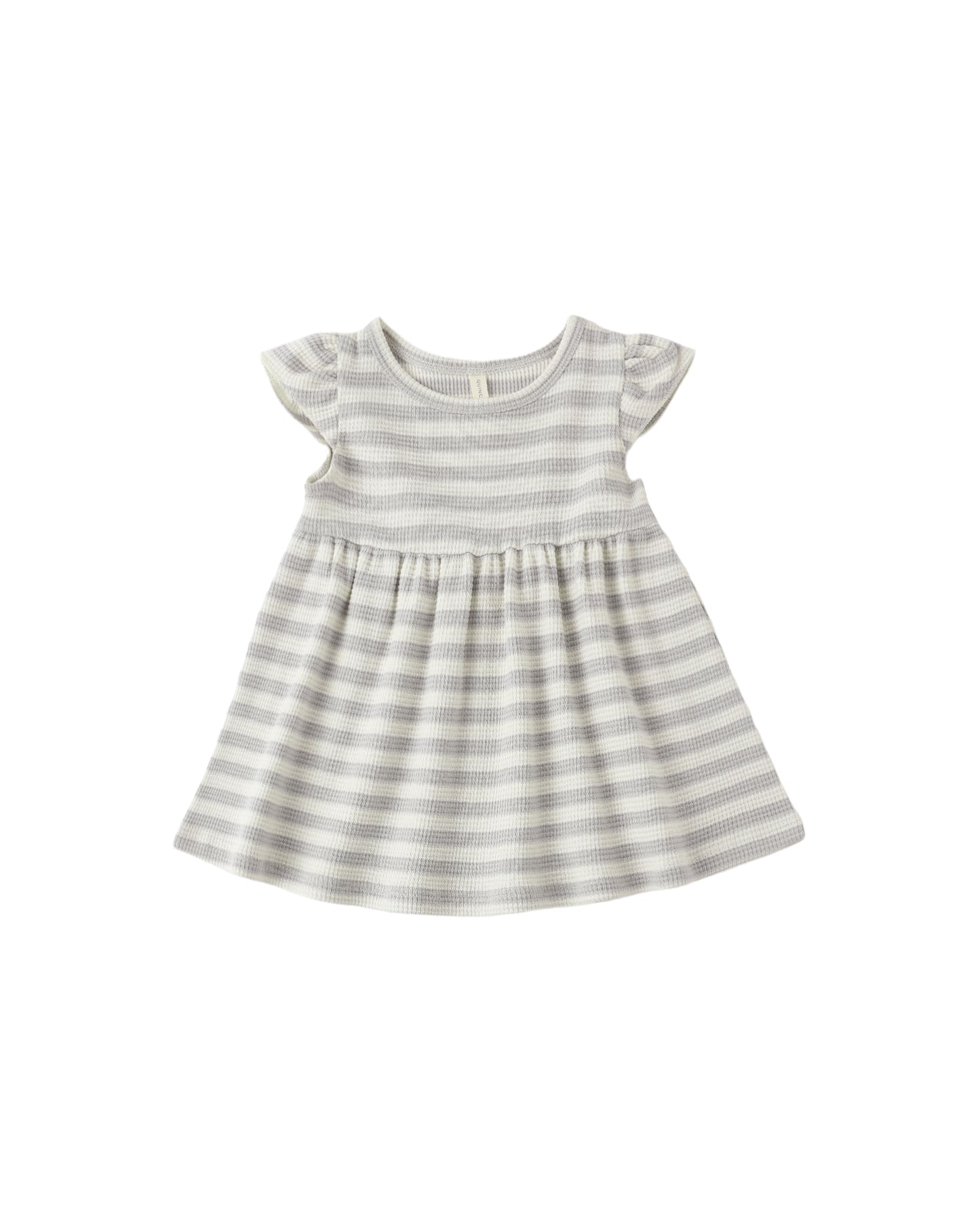 Sky blue stripe flutter sleeve dress by Quincy Mae, showing lightweight fabric and playful design with flutter sleeves.