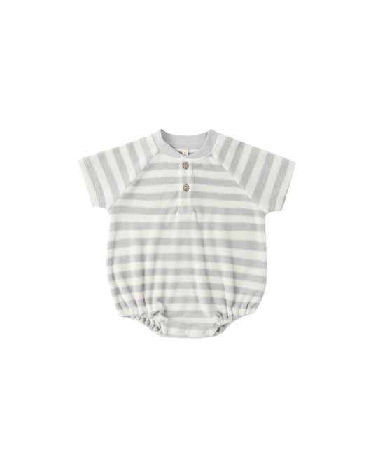Sky blue Quincy Mae Sky Stripe Terry Henley Romper with short sleeves and button details, made from soft, textured terry fabric.