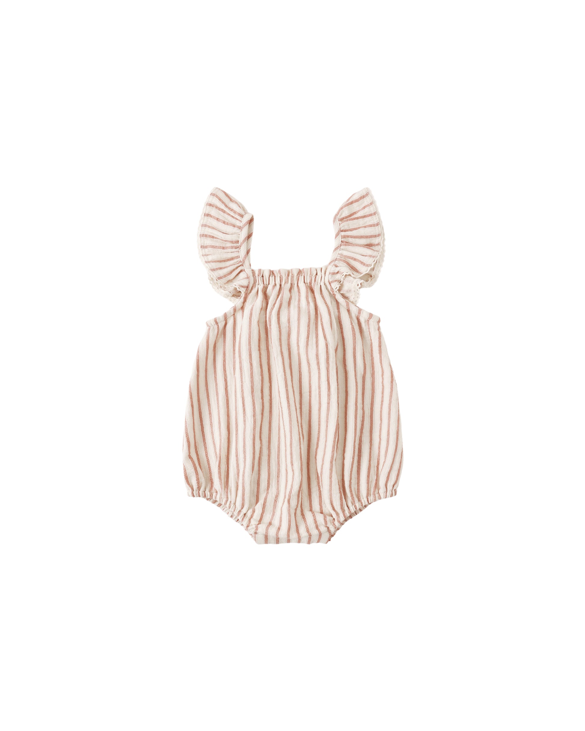 Natural-colored vintage stripe Bonnie romper by Quincy Mae, featuring a soft, breathable fabric and classic design.