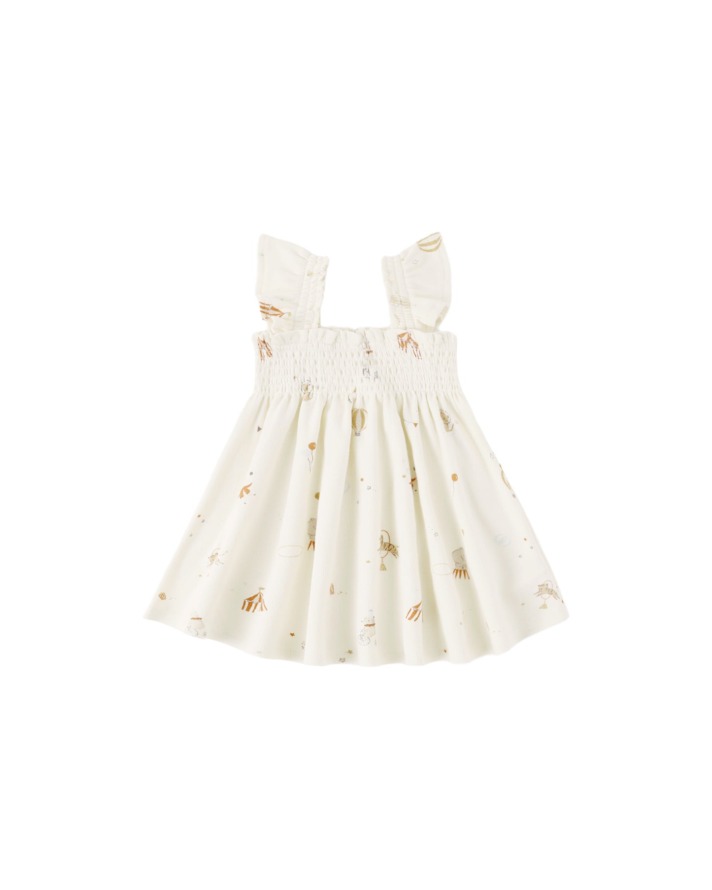 Quincy Mae Carnival Smocked Jersey Dress in ivory, featuring a smocked bodice and lightweight fabric for a comfortable, stylish look.