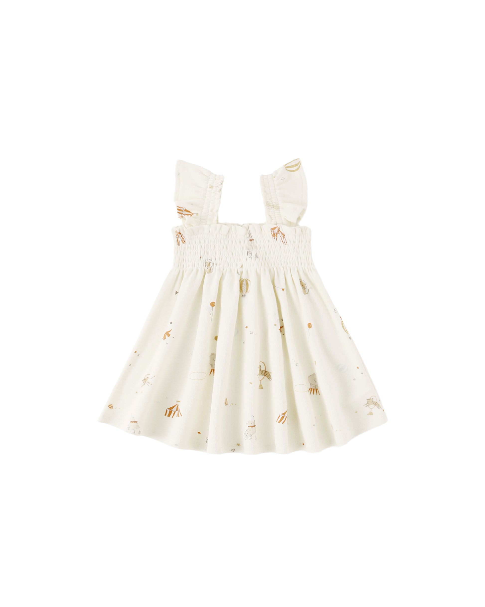 Quincy Mae Carnival Smocked Jersey Dress in ivory, featuring a smocked bodice and lightweight fabric for a comfortable, stylish look.