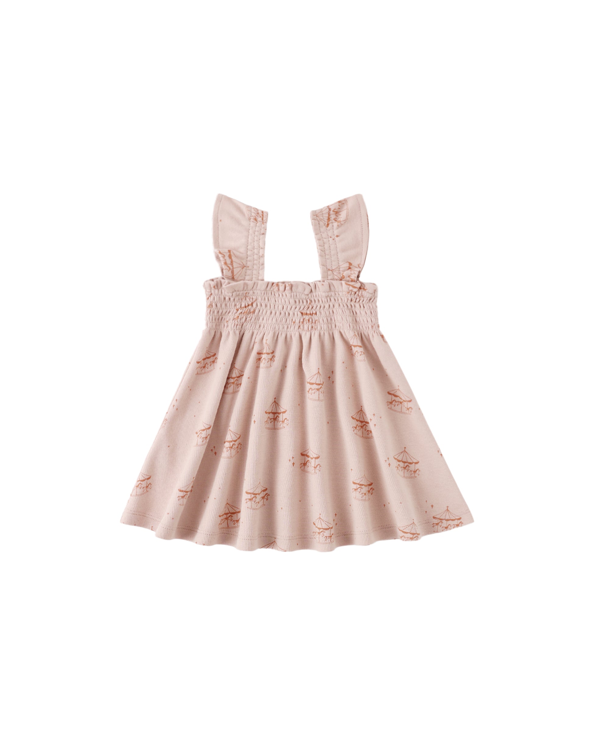 Blush Carousel Smocked Jersey Dress by Quincy Mae displayed on a hanger with soft fabric and smocked bodice detail.