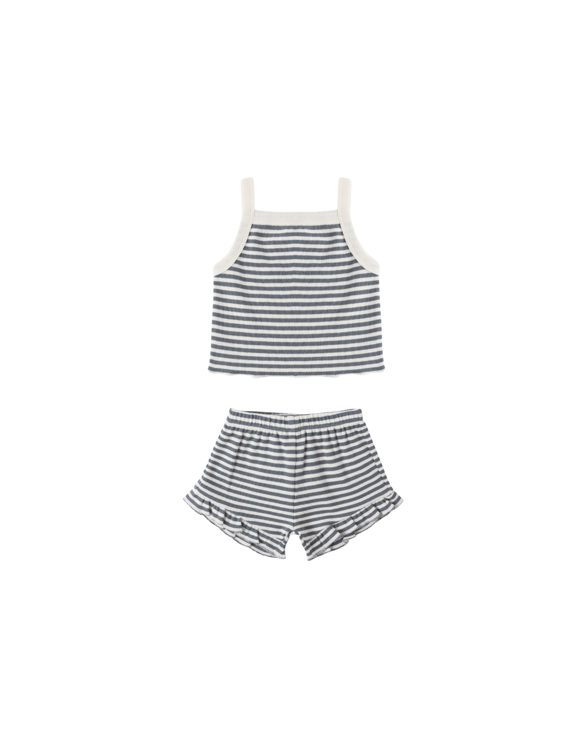 Quincy Mae Ocean Stripe Evie Tank and Shortie Set for babies, featuring soft fabric and ocean-inspired blue and white stripes.