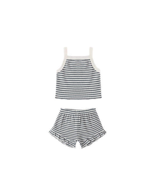 Quincy Mae Ocean Stripe Evie Tank and Shortie Set for babies, featuring soft fabric and ocean-inspired blue and white stripes.