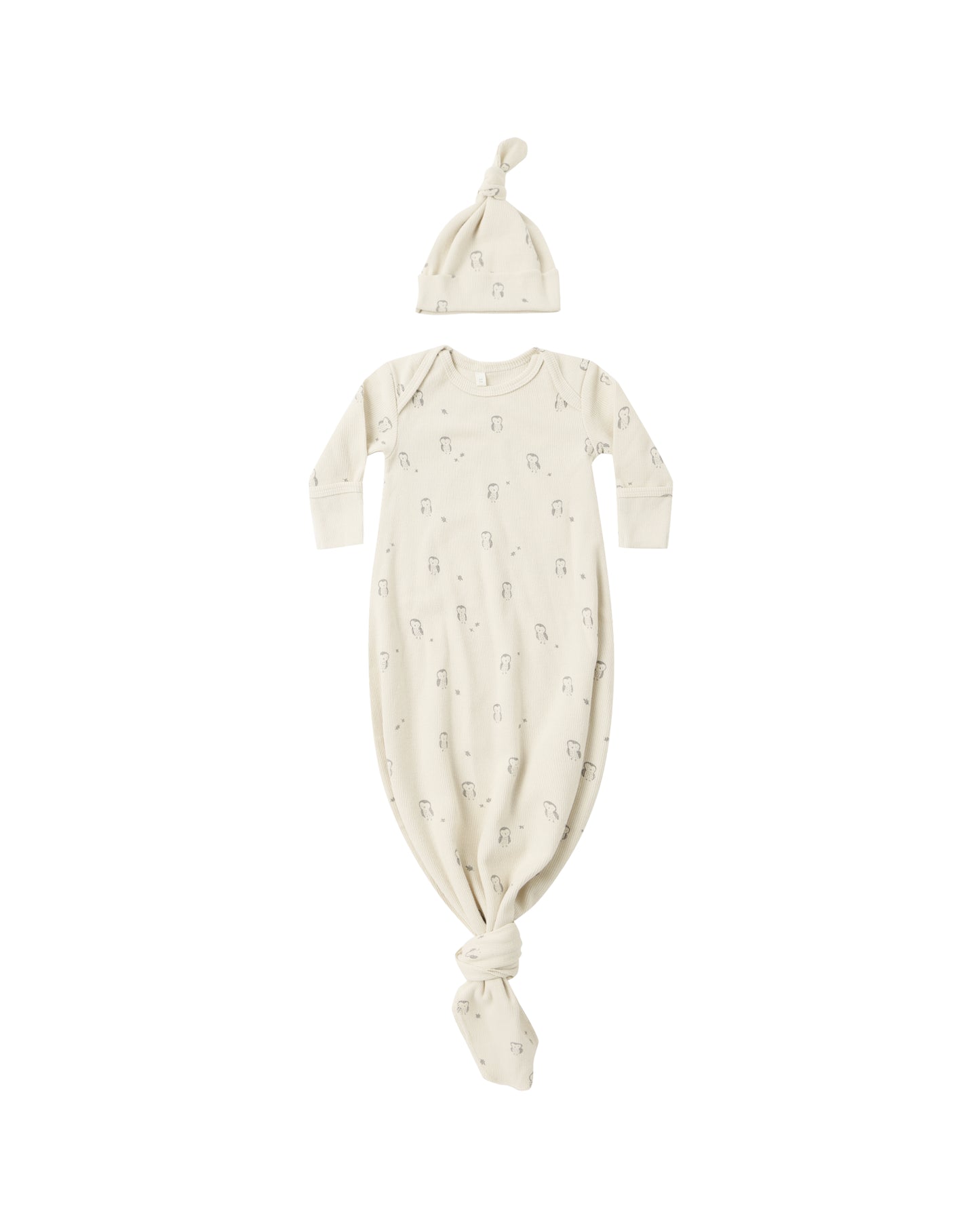 Natural knotted baby gown and hat set by Quincy Mae featuring adorable owl prints and soft fabric for infants.