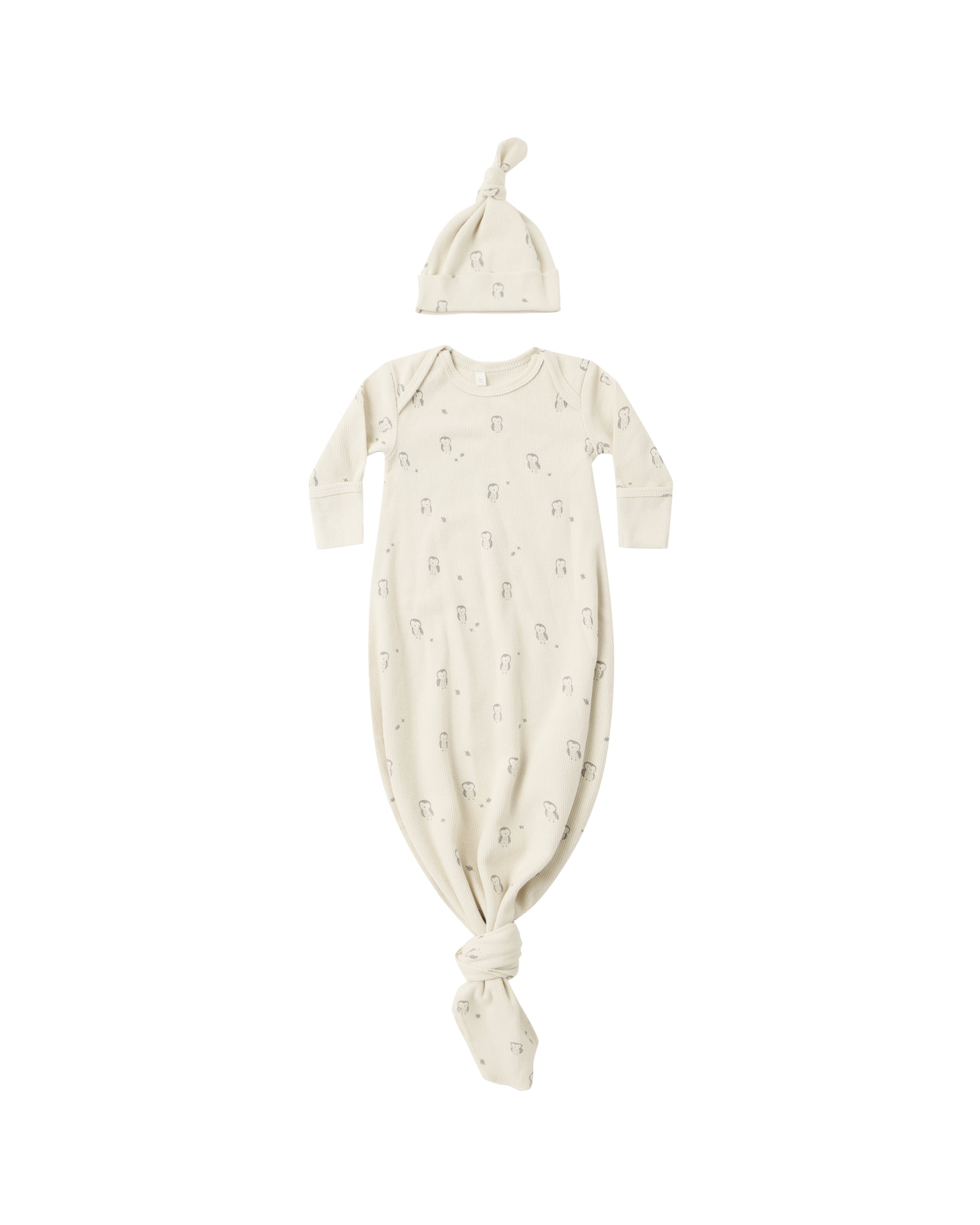 Natural knotted baby gown and hat set by Quincy Mae featuring adorable owl prints and soft fabric for infants.