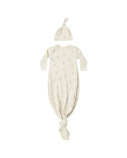 Natural knotted baby gown and hat set by Quincy Mae featuring adorable owl prints and soft fabric for infants.