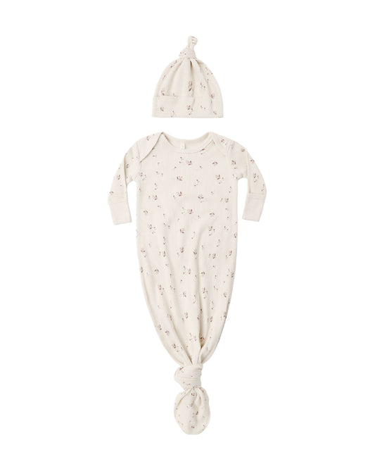 Fall Ditsy Knotted Baby Gown + Hat Set