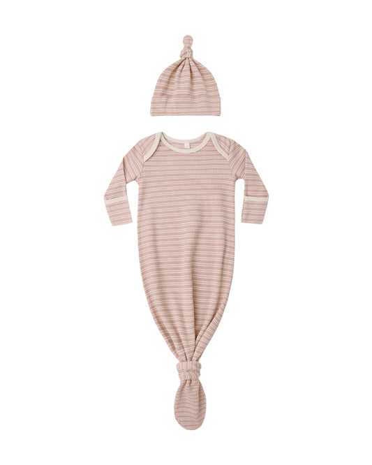 Dusty Rose Microstripe Knotted Baby Gown + Hat Set