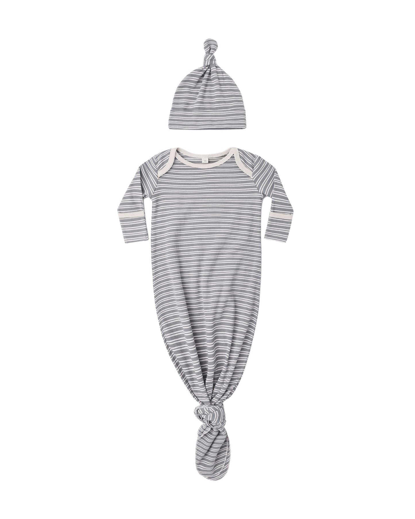 Slate Microstripe Knotted Baby Gown + Hat Set