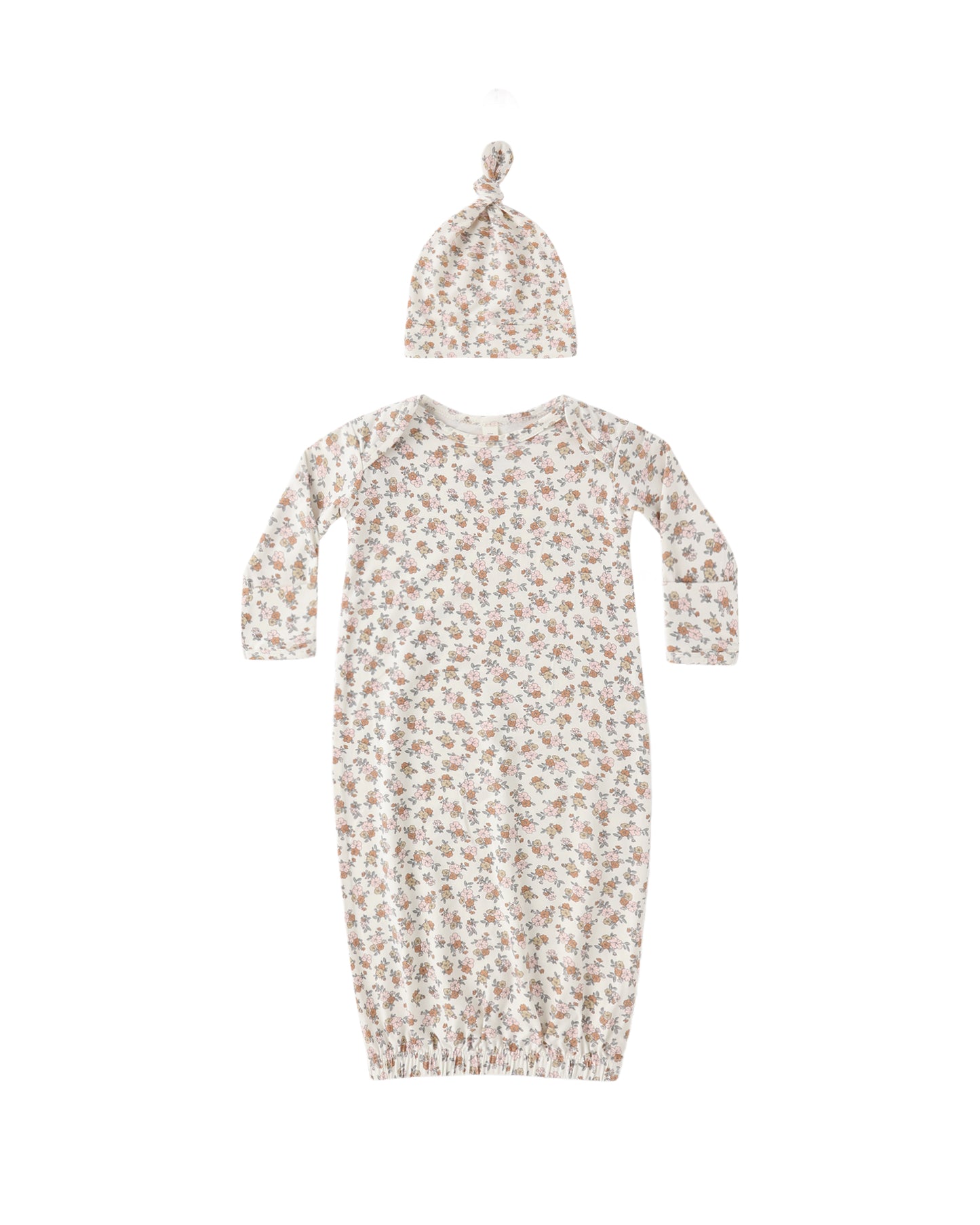 Wildflower bamboo baby gown and hat set by Quincy Mae, ivory-colored organic bamboo fabric with floral print and soft matching hat.