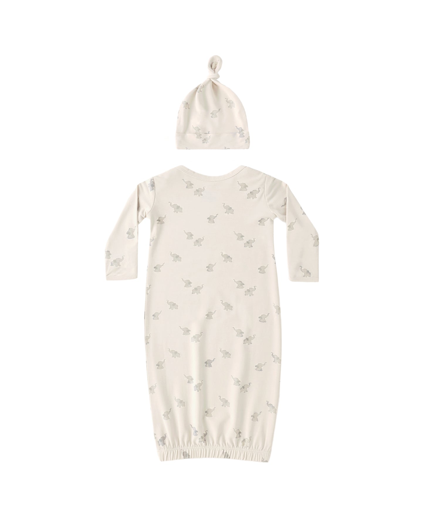 Natural bamboo baby gown and hat set featuring adorable elephant design from Quincy Mae, perfect for cozy, stylish infant wear.