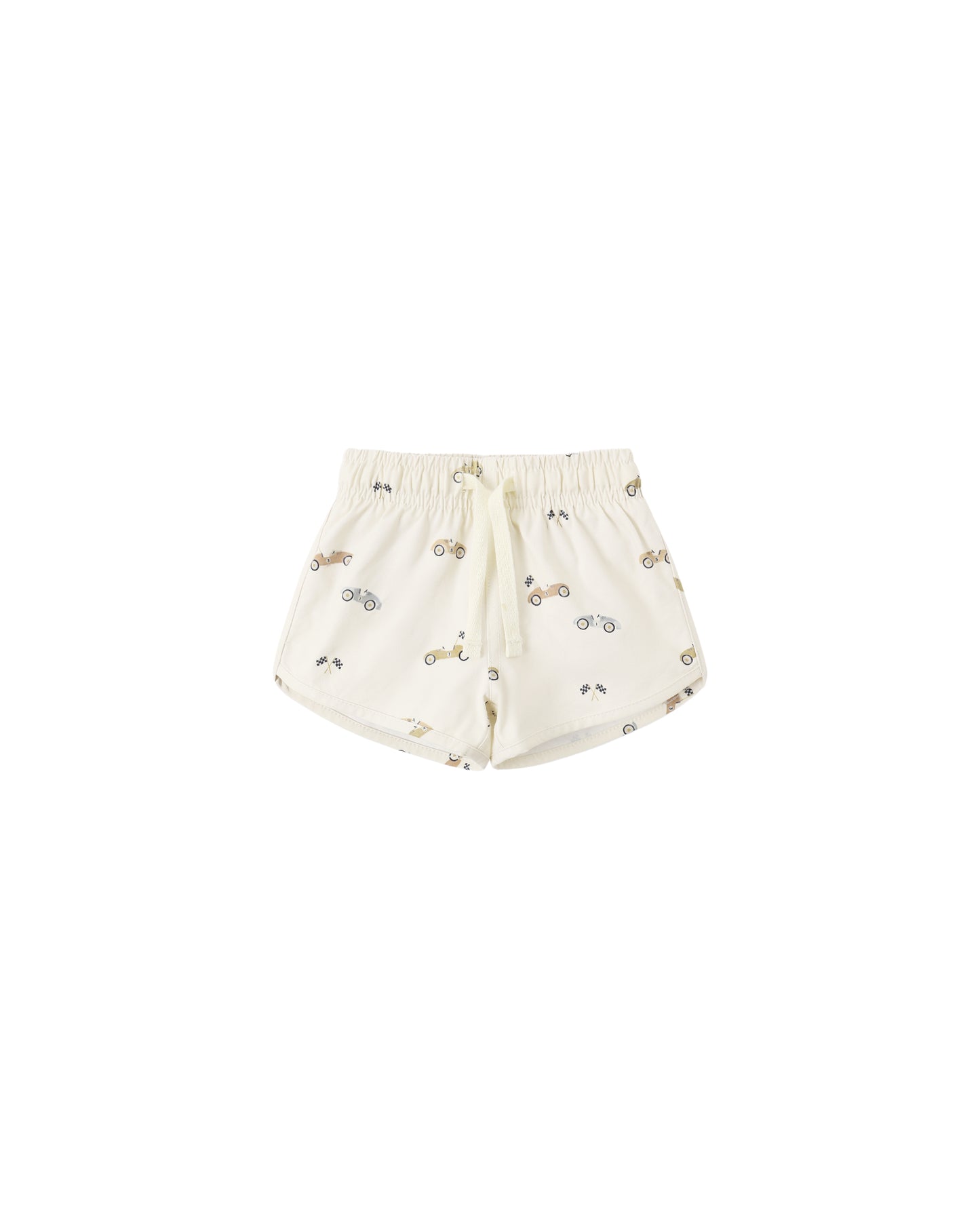 Kids' race car boys' swim shorts by Quincy Mae, natural-colored with a fun race car print and elastic waistband for comfortable fit.