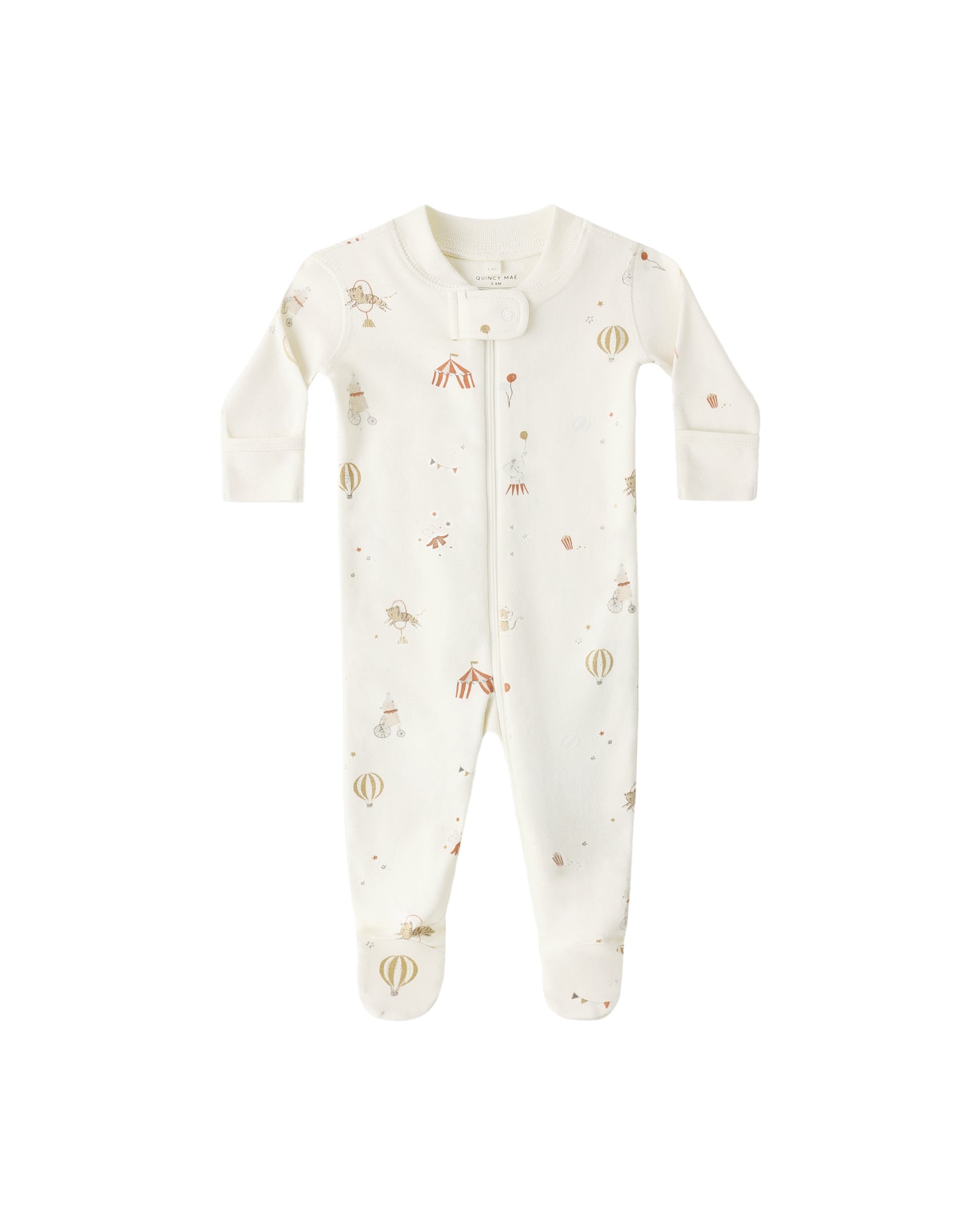 Quincy Mae carnival zip long sleeve sleeper footie in ivory, featuring a cozy, full-zip design with long sleeves and footed coverage.