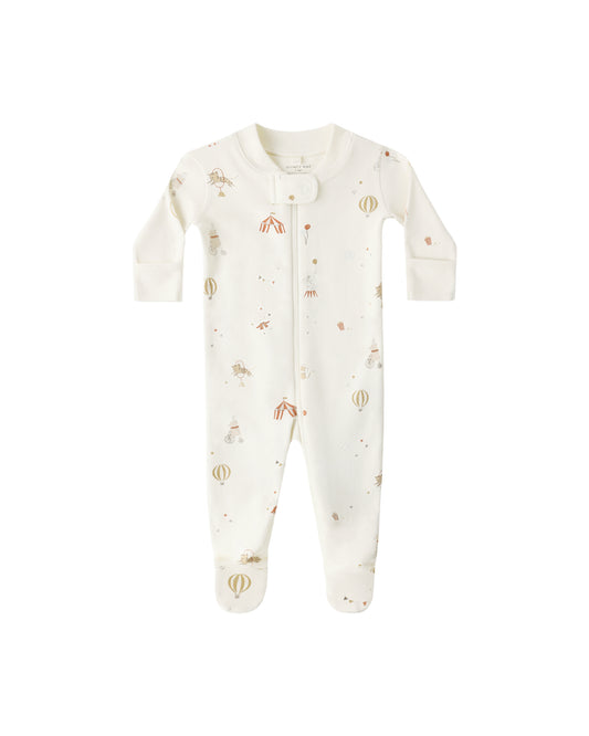 Quincy Mae carnival zip long sleeve sleeper footie in ivory, featuring a cozy, full-zip design with long sleeves and footed coverage.