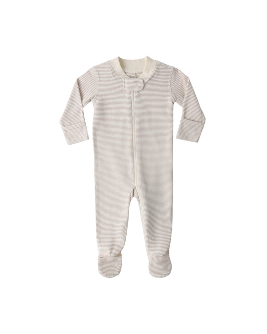 Oat-colored Quincy Mae micro stripe zip-up long sleeve sleeper footie for babies, featuring a cozy, soft fabric and front zipper closure.