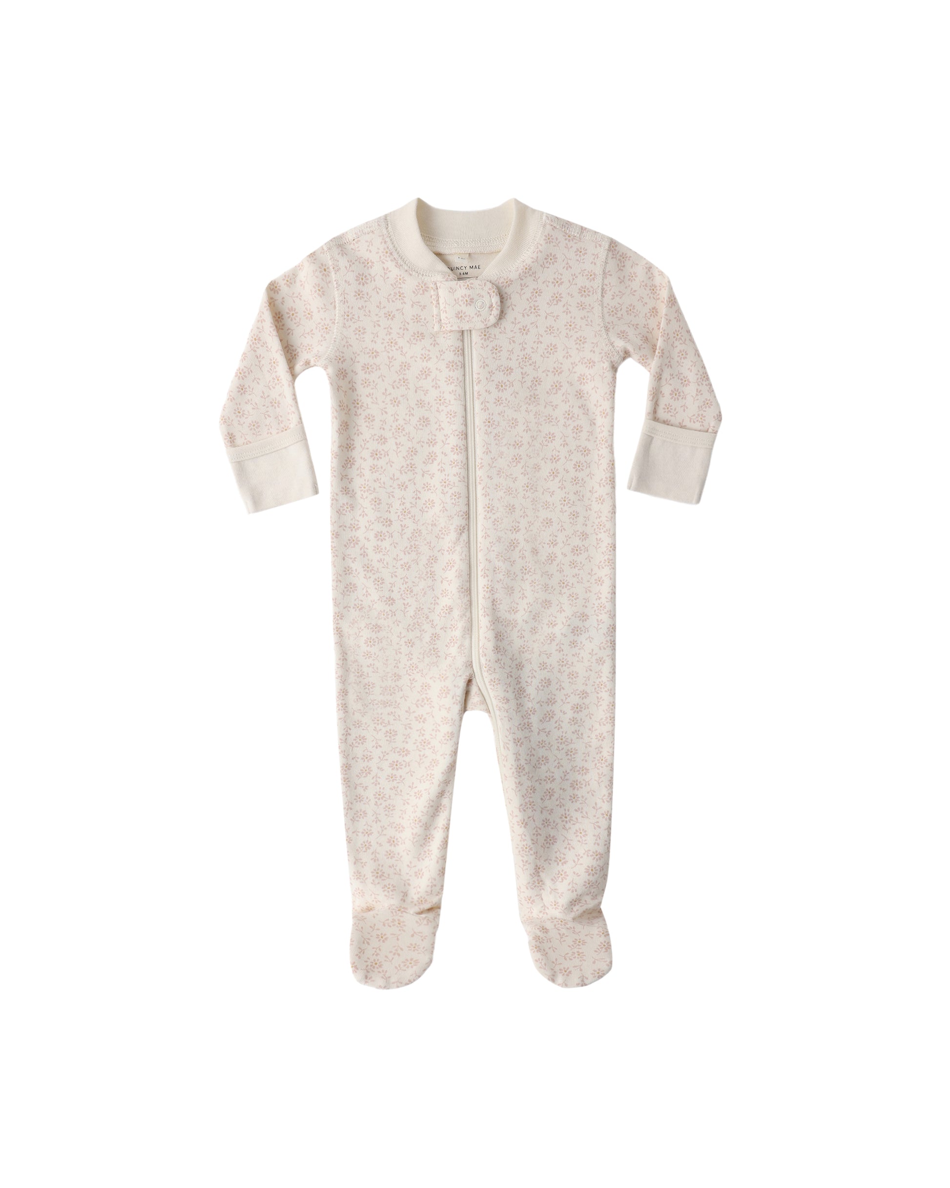 Ivory Ditsy Zip Long Sleeve Sleeper Footie by Quincy Mae, cozy baby onesie with zip closure and long sleeves.