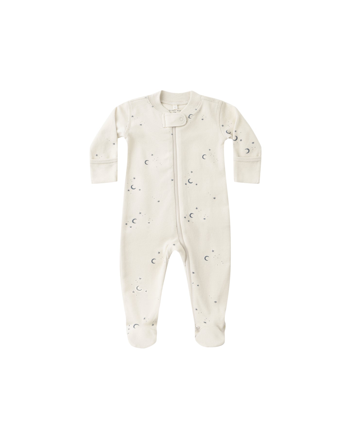 Natural Quincy Mae Moons Zip Long Sleeve Footie sleepwear in soft fabric, featuring a moon print and zipper closure.