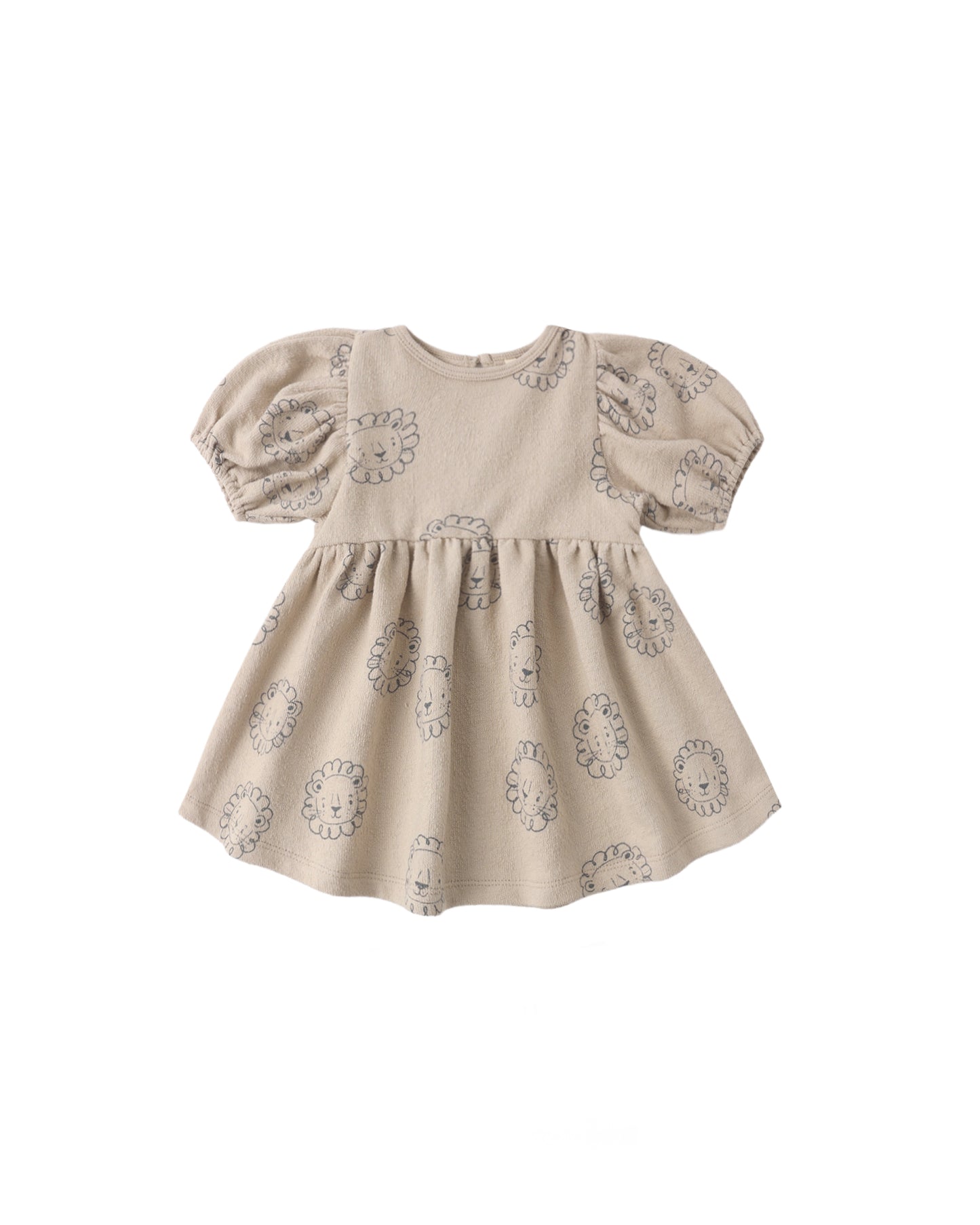 Baby girl Lion Darla Dress by Quincy Mae in oatmeal color, soft cotton fabric with a cute lion print and ruffled details.