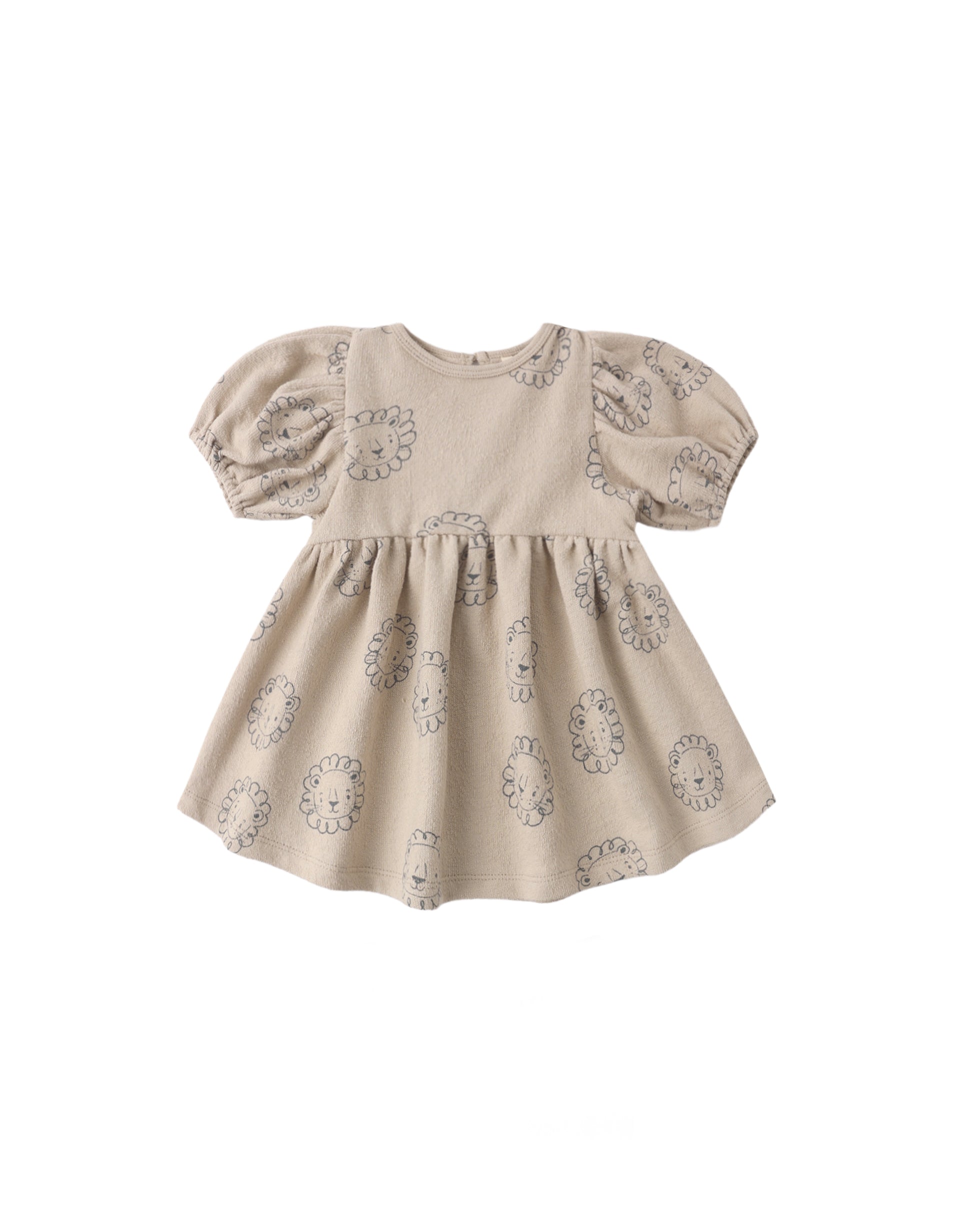 Baby girl Lion Darla Dress by Quincy Mae in oatmeal color, soft cotton fabric with a cute lion print and ruffled details.