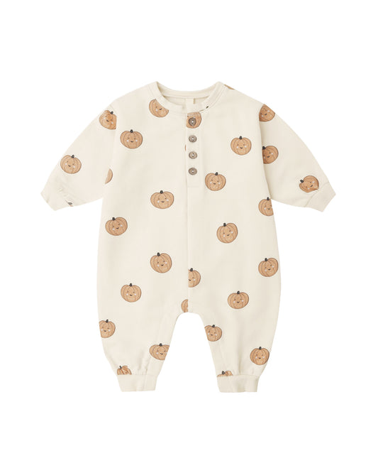 Quincy Mae Pumpkin-colored relaxed fleece jumpsuit for infants, soft and cozy, featuring a comfortable fit and casual style.