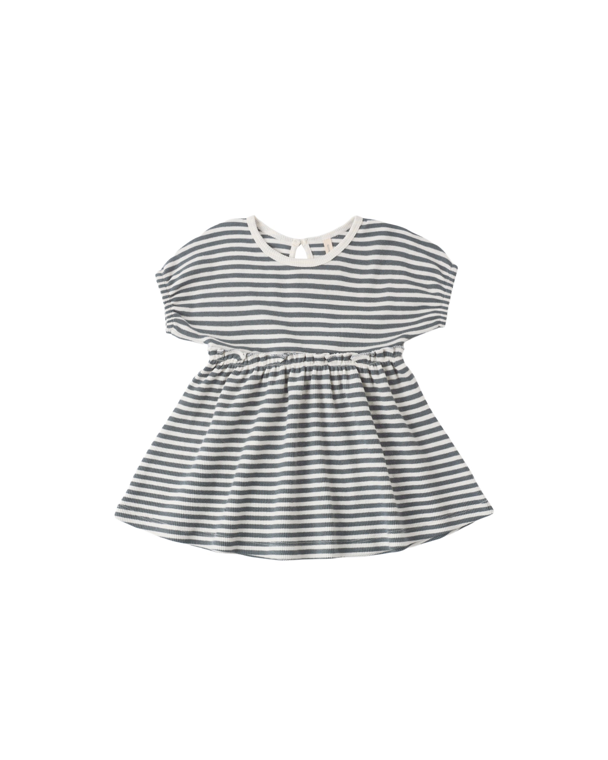 Ocean Stripe Annie Dress by Quincy Mae, lightweight cotton dress with blue and white ocean-inspired stripes, displayed on a hanger.