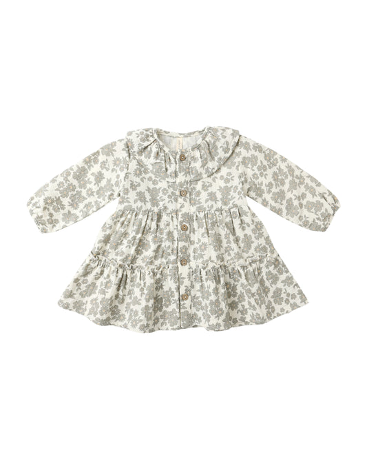 Green Floral Ruffle Collar Button Dress