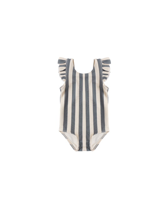 Retro ocean stripe scoop back one-piece swimsuit by Quincy Mae featuring colorful nautical pattern and classic fit.