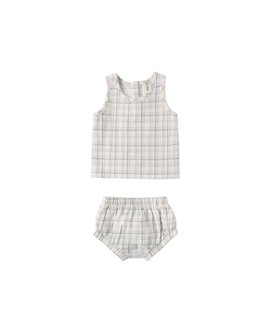 Blue plaid woven tank set by Quincy Mae featuring a sleeveless top and matching shorts, perfect for casual warm-weather wear.