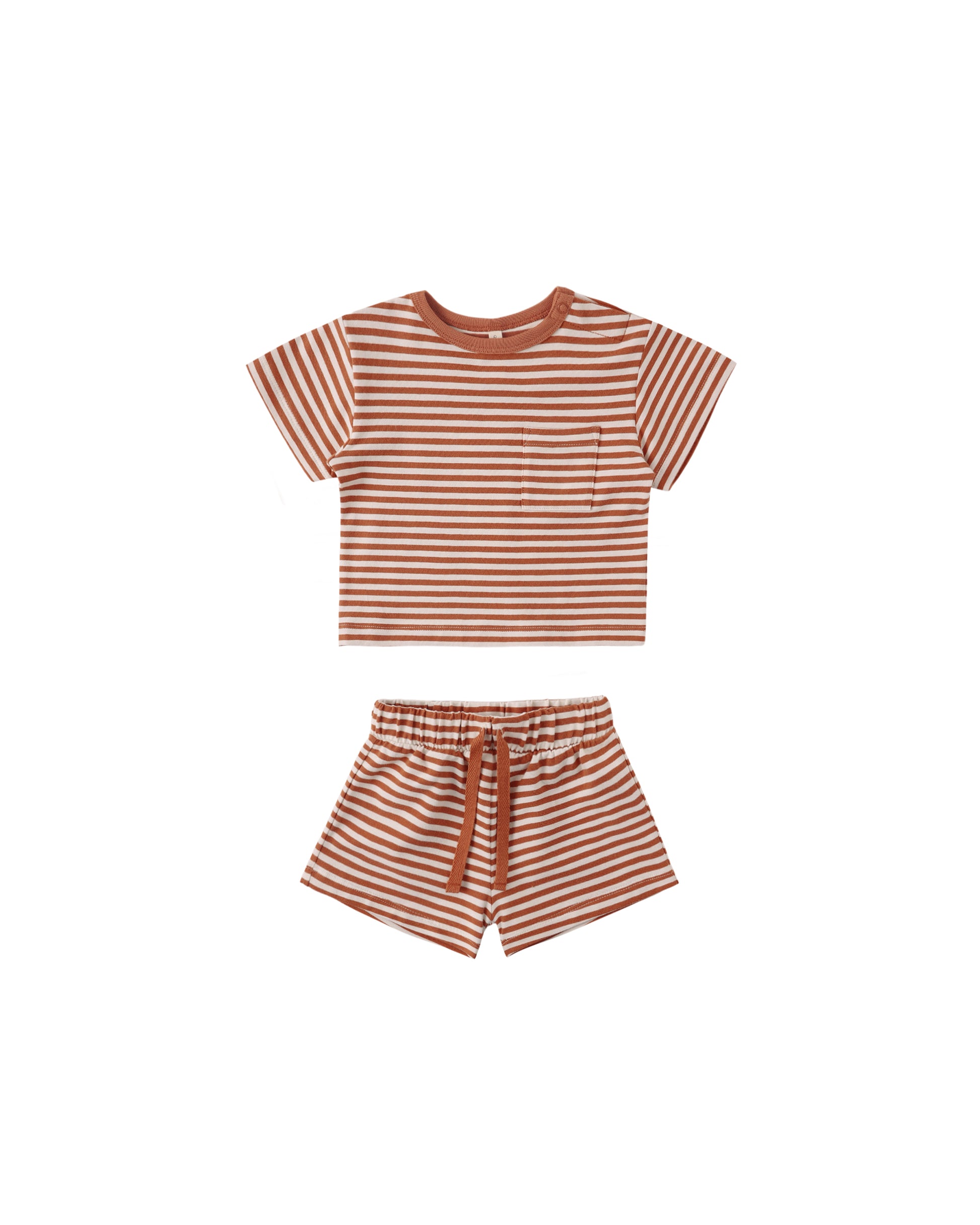 Quincy Mae Poppy Stripe Boxy Pocket Tee and Shorts set for kids, featuring a colorful striped design and comfortable fit.